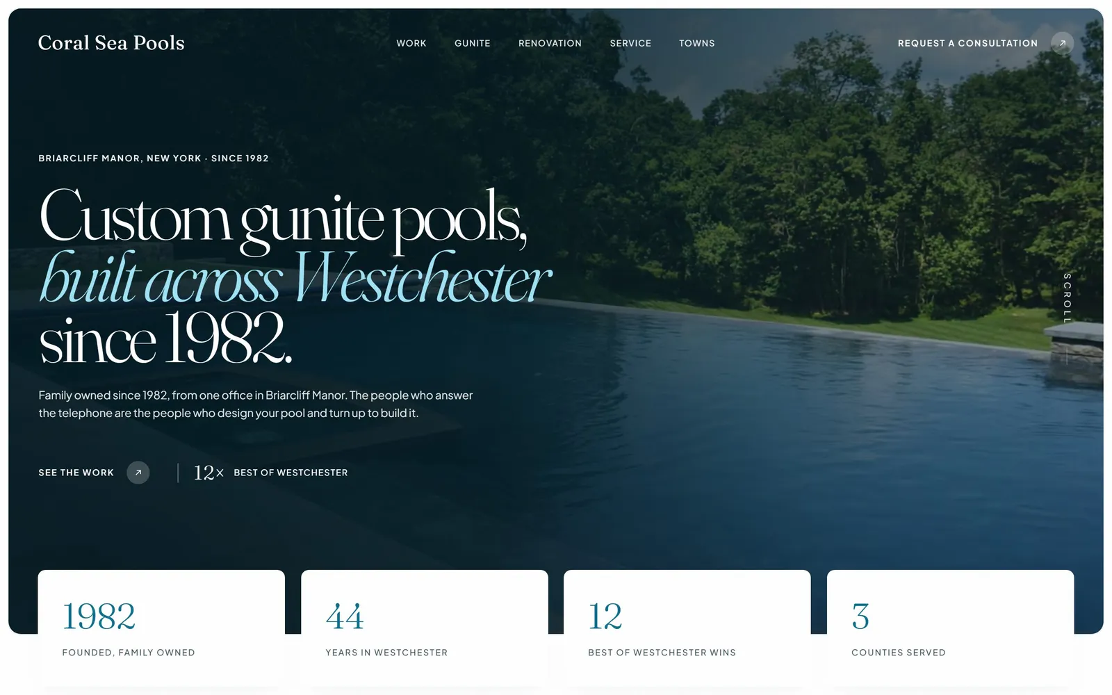 The Coral Sea Pools homepage — a dark hero over a vanishing-edge pool at dusk, headline reading “Custom gunite pools, built across Westchester since 1982.”