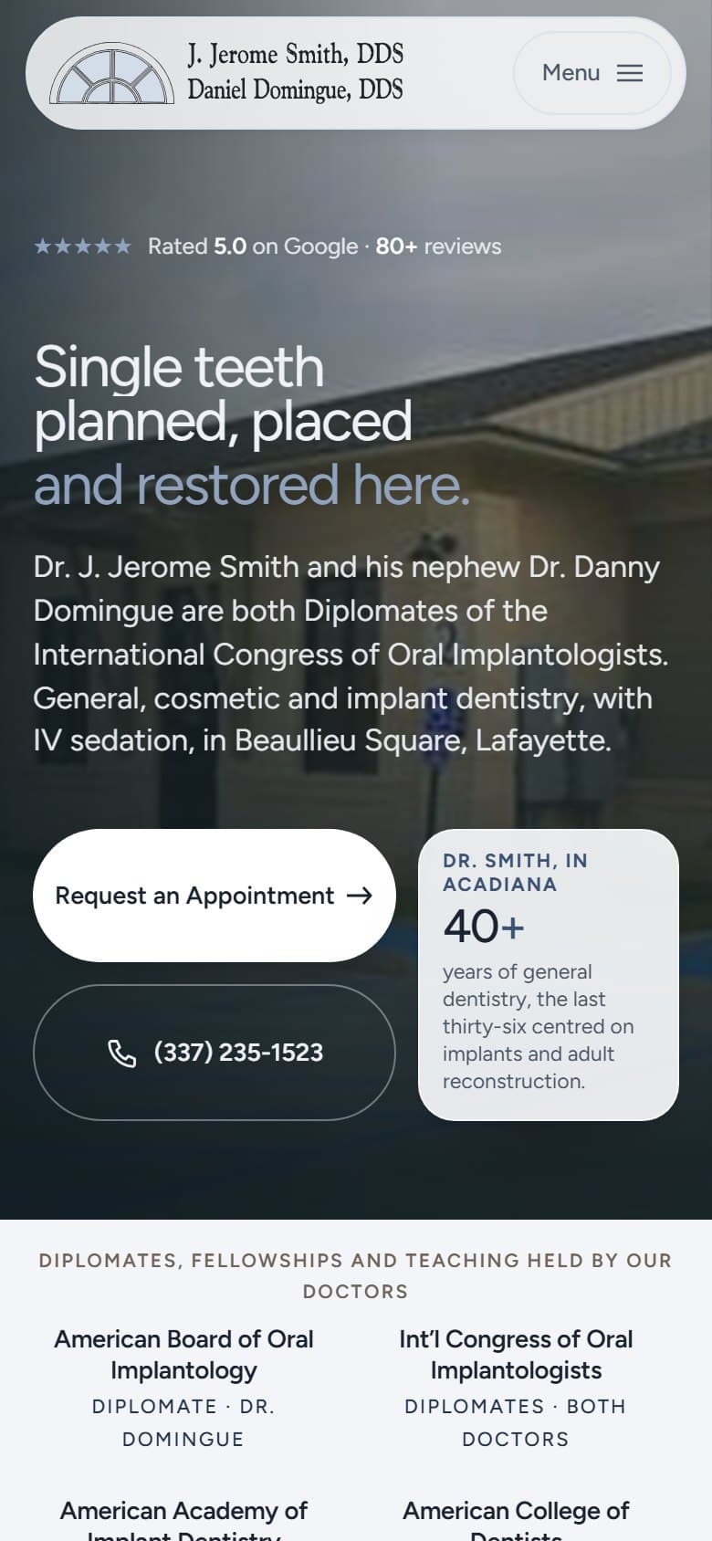 The Acadiana Dentistry homepage on a 390x844 phone screen.