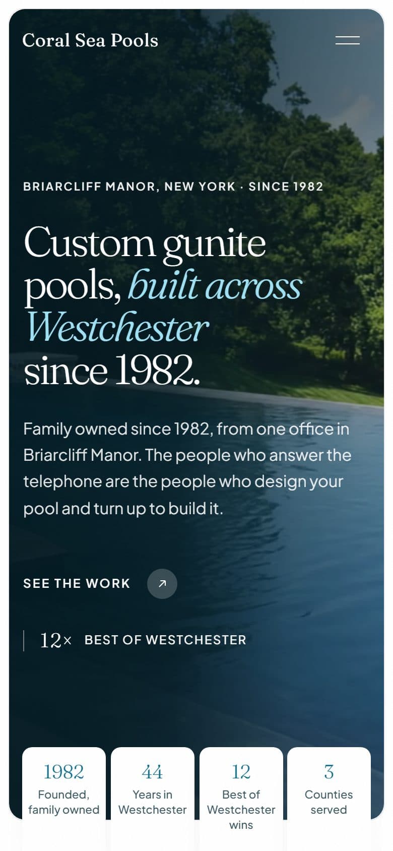 The Coral Sea Pools homepage on a 390×844 phone screen.