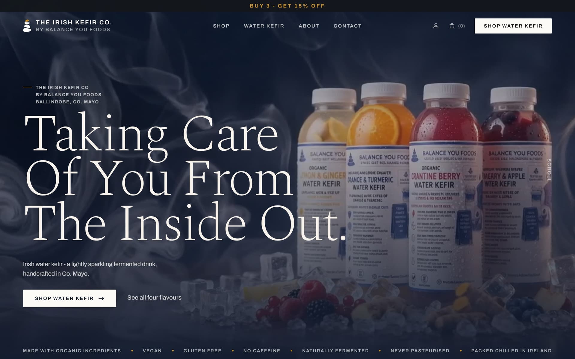 The Irish Kefir Co. homepage at 1440×900 — the headline “Taking Care Of You From The Inside Out” over a photograph of the four water kefir bottles on ice.