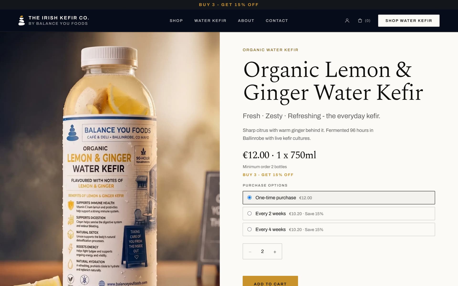 The Lemon & Ginger water kefir product page at 1440×900.