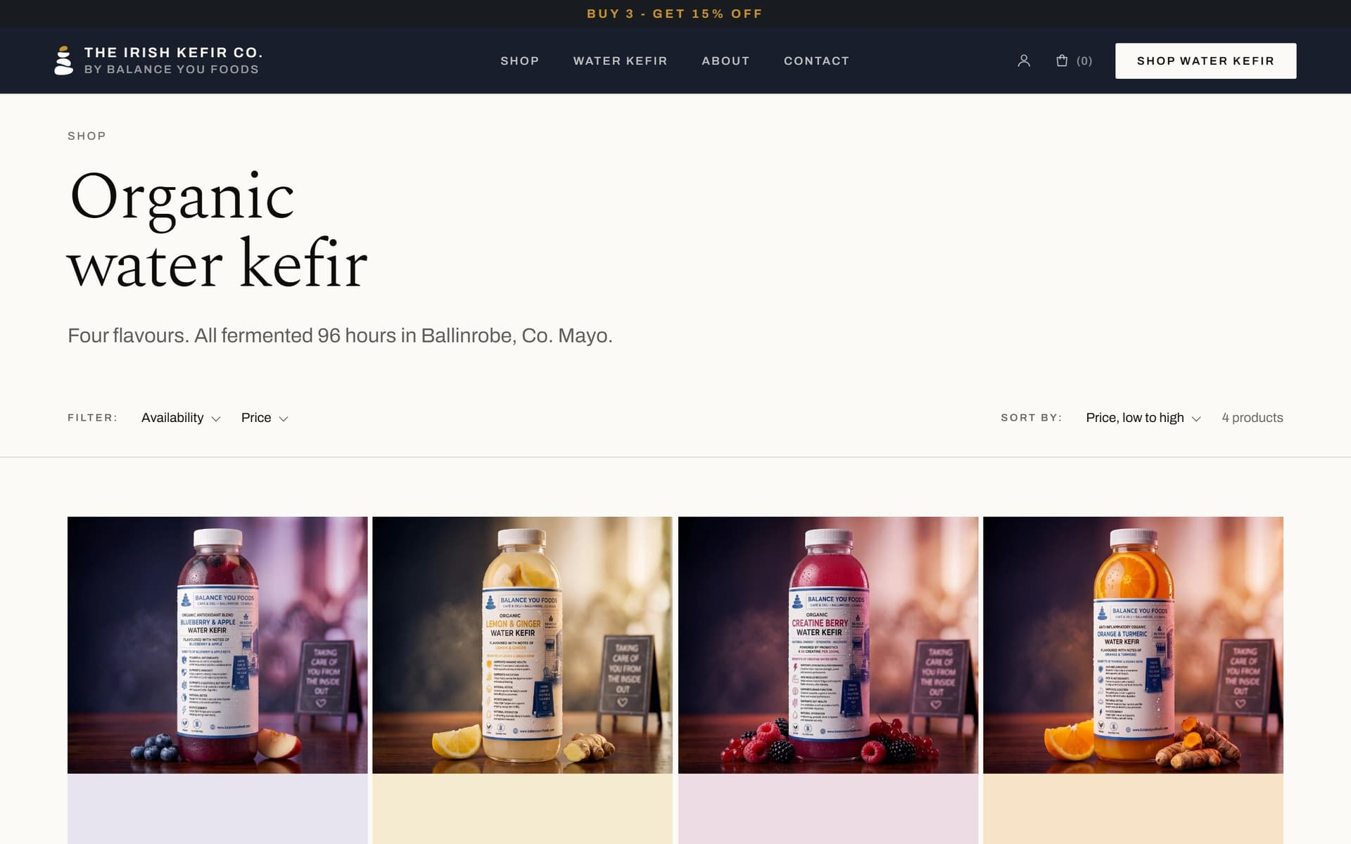 The Irish Kefir Co. shop page at 1440×900 — “Organic water kefir”, filter and sort controls, and the four flavours in a row.