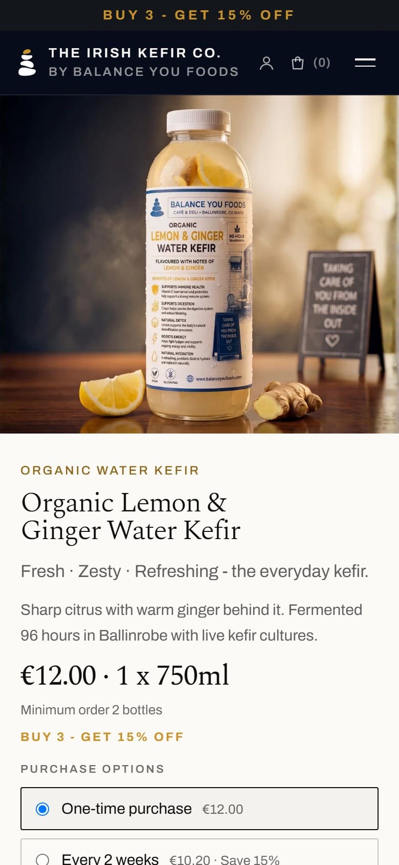 The Lemon & Ginger water kefir product page on a 390×844 phone screen.