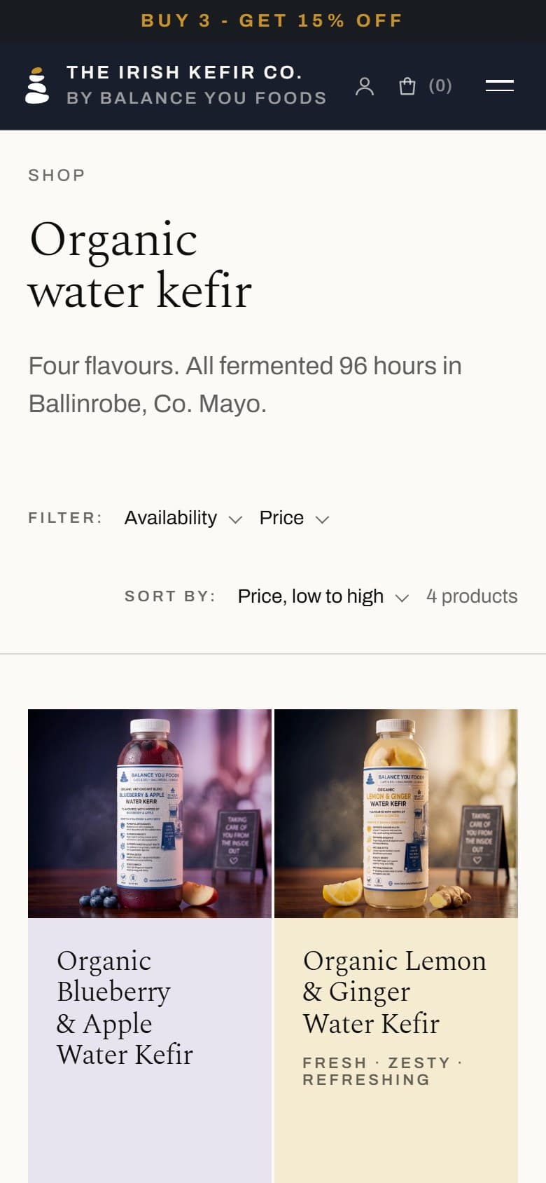 The Irish Kefir Co. shop page on a 390×844 phone screen.