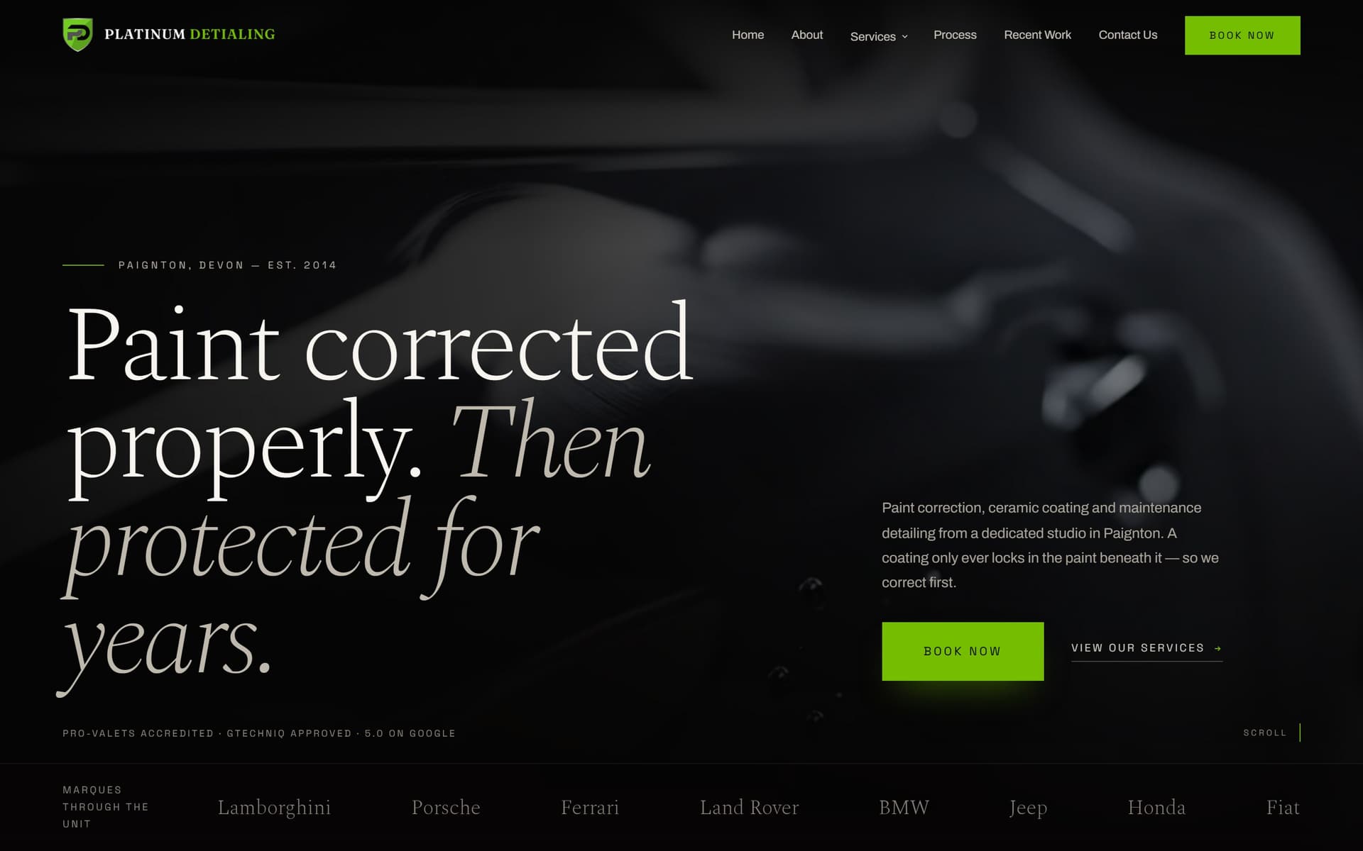 The Platinum Detailing homepage at 1440×900 — a dark hero over a paint-correction photograph.