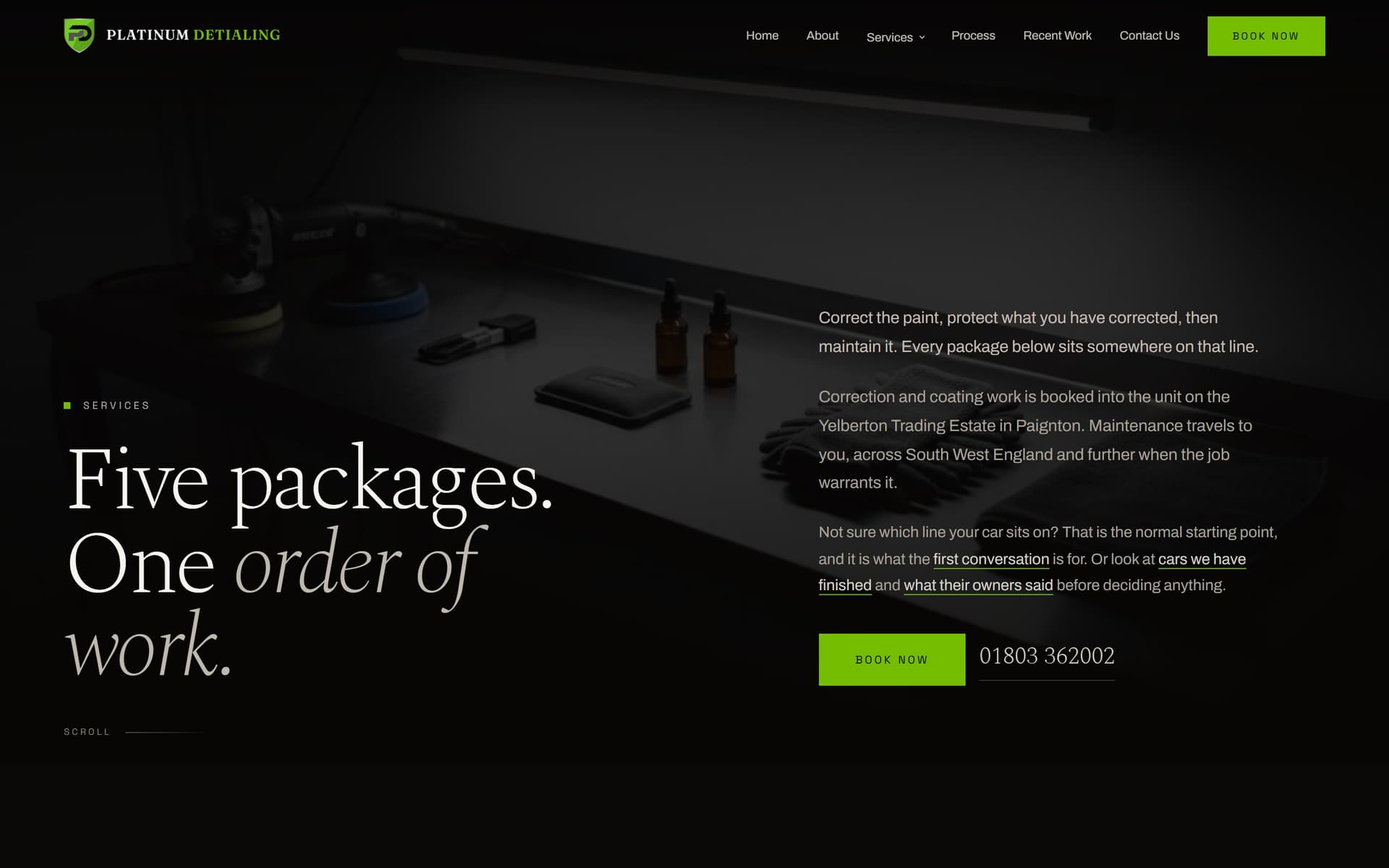 The Platinum Detailing services page at 1440×900 — “Five packages. One order of work.”