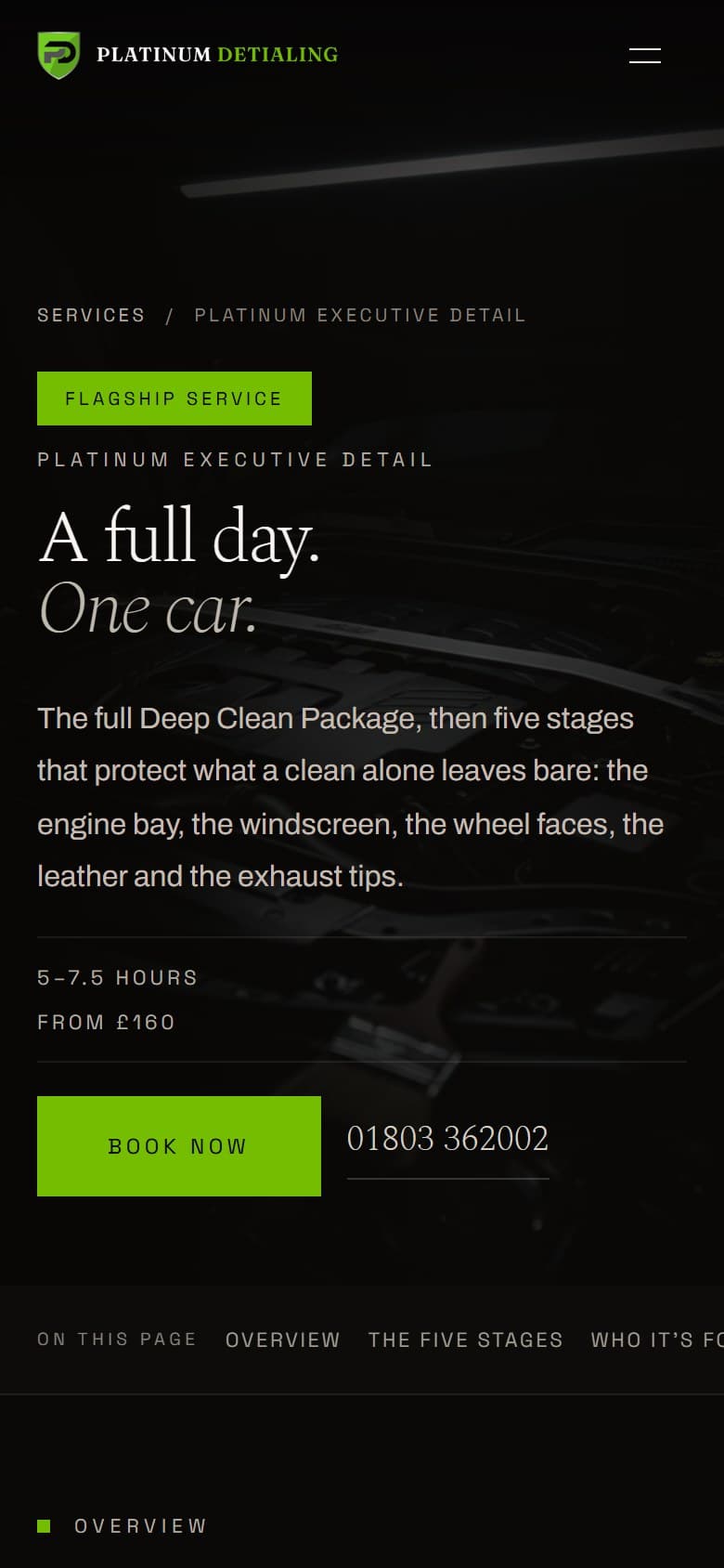 The Platinum Executive Detail package page on a 390×844 phone screen.