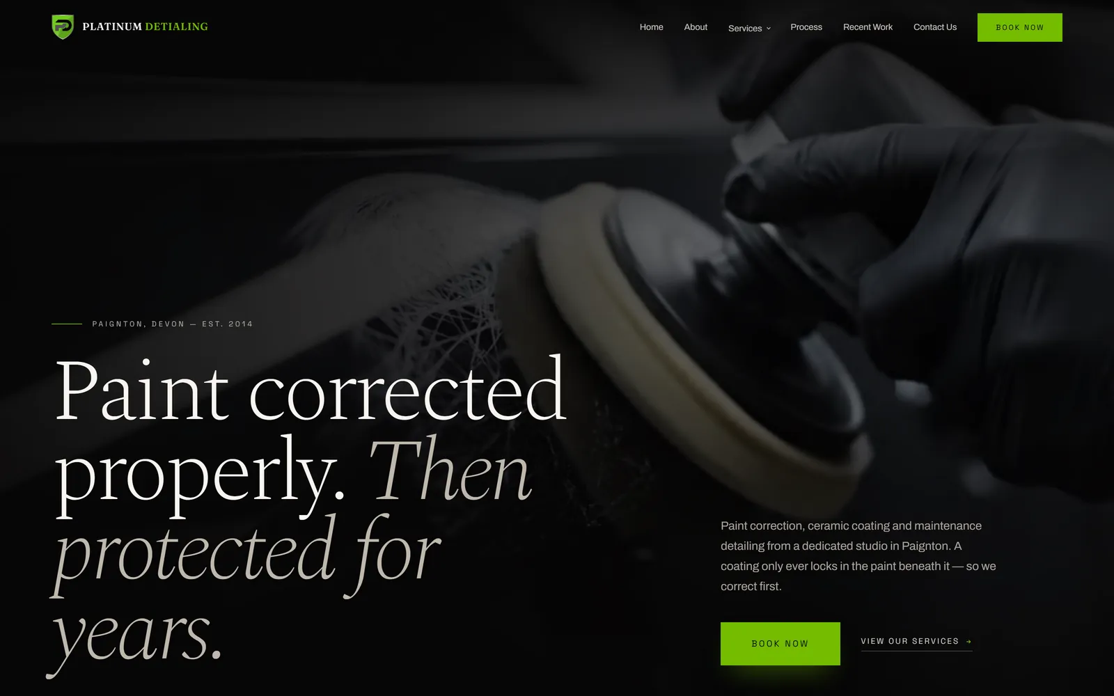The Platinum Detailing homepage — a dark hero over a paint-correction photograph, headline reading “Paint corrected properly. Then protected for years.”