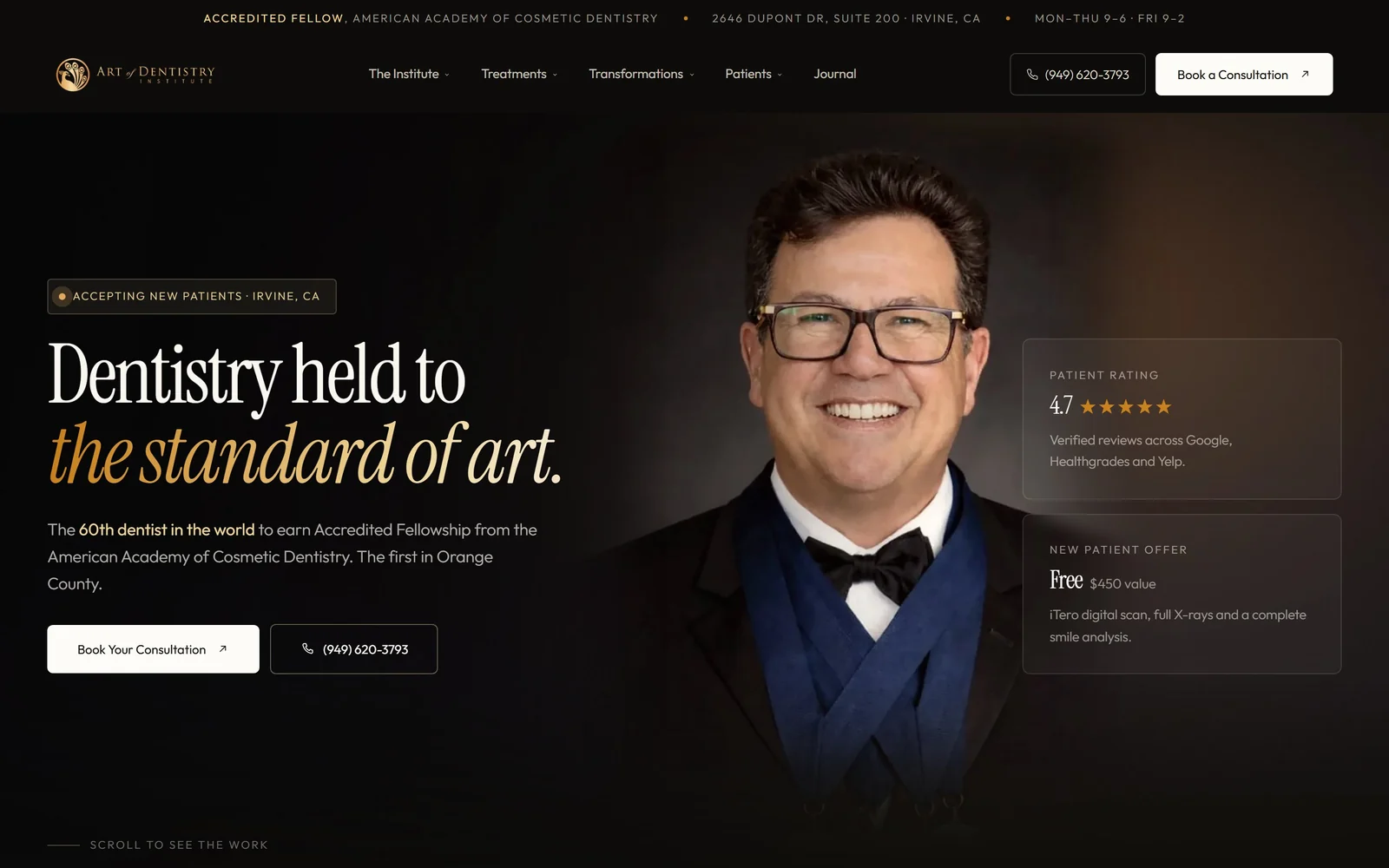 The Art of Dentistry Institute homepage — a dark hero with the headline “Dentistry held to the standard of art.” beside a portrait of the practice’s dentist.
