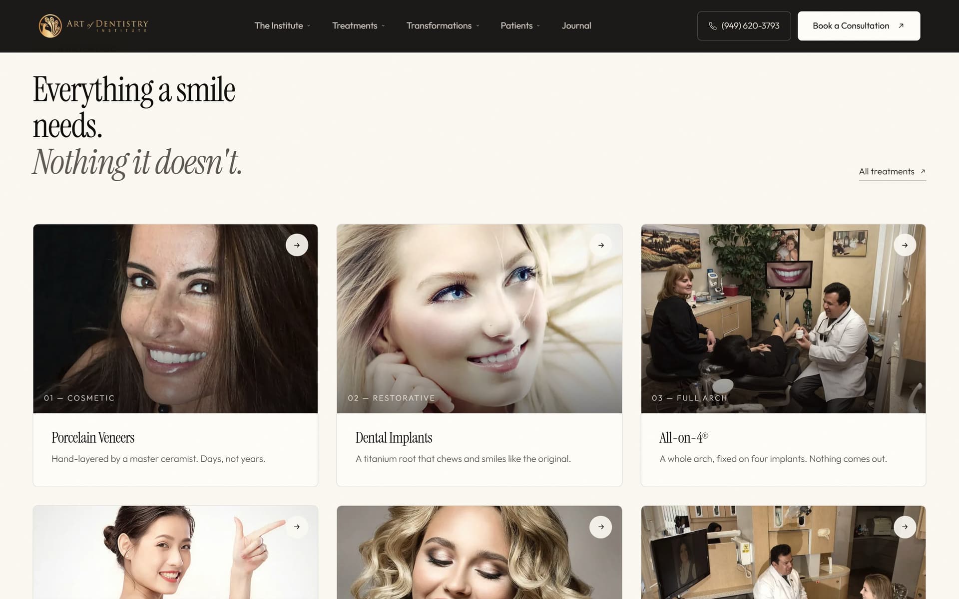 The treatments section at 1440×900 — “Everything a smile needs.”