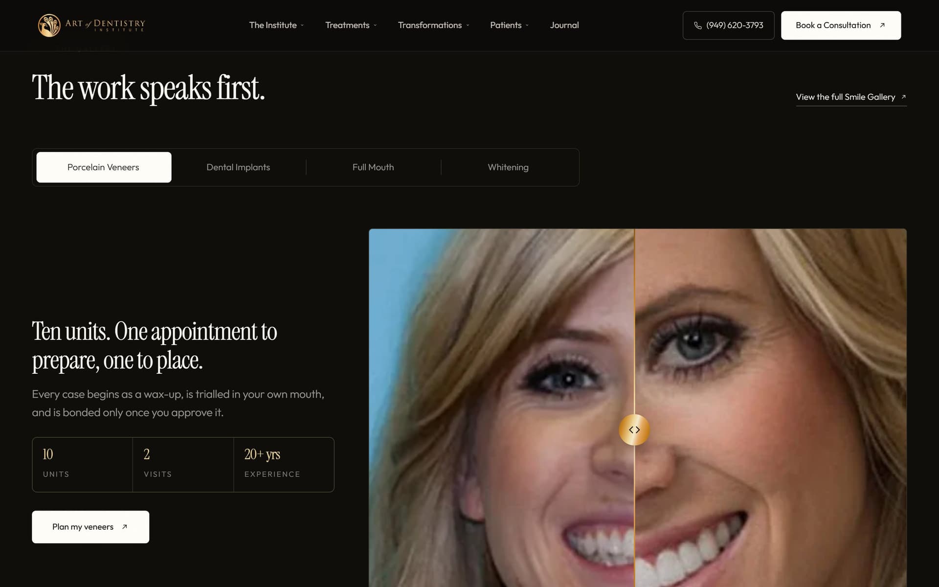 The case gallery at 1440×900 — “The work speaks first.”, with before and after photography run full width.
