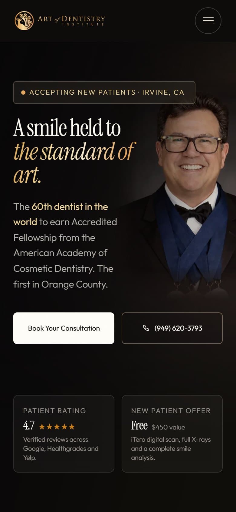 The Art of Dentistry Institute homepage on a 390×844 phone screen.