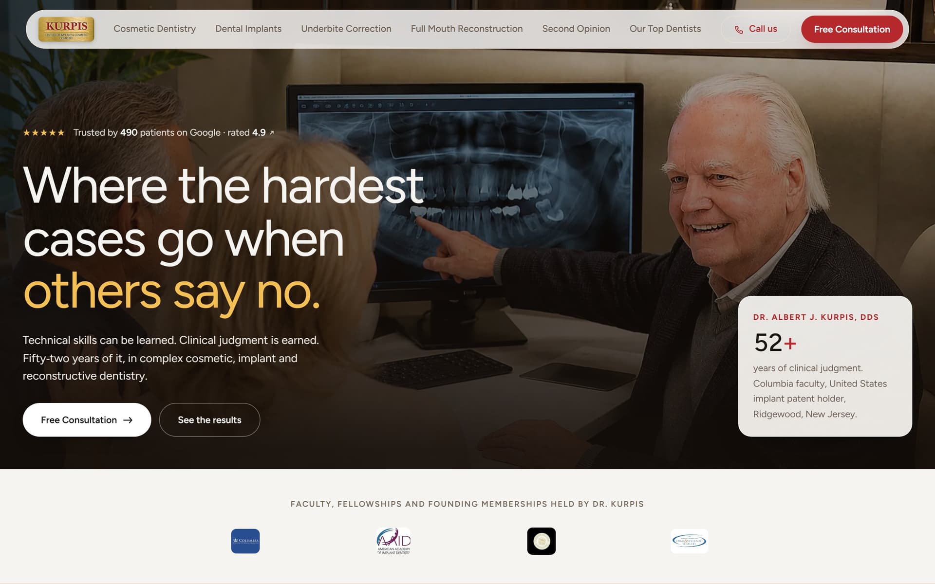 The Kurpis Dentistry homepage at 1440×900 — the headline “Where the failed cases go when others say no.” over a photograph of the dentist showing a patient a panoramic X-ray, with a credentials card to the right.