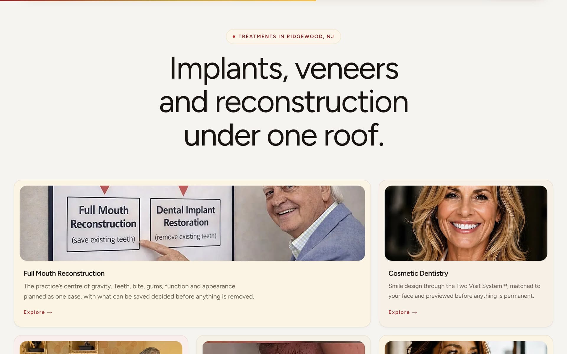 The treatments section at 1440×900 — “Implants, veneers and reconstruction under one roof”, with service cards for full mouth reconstruction and cosmetic dentistry.