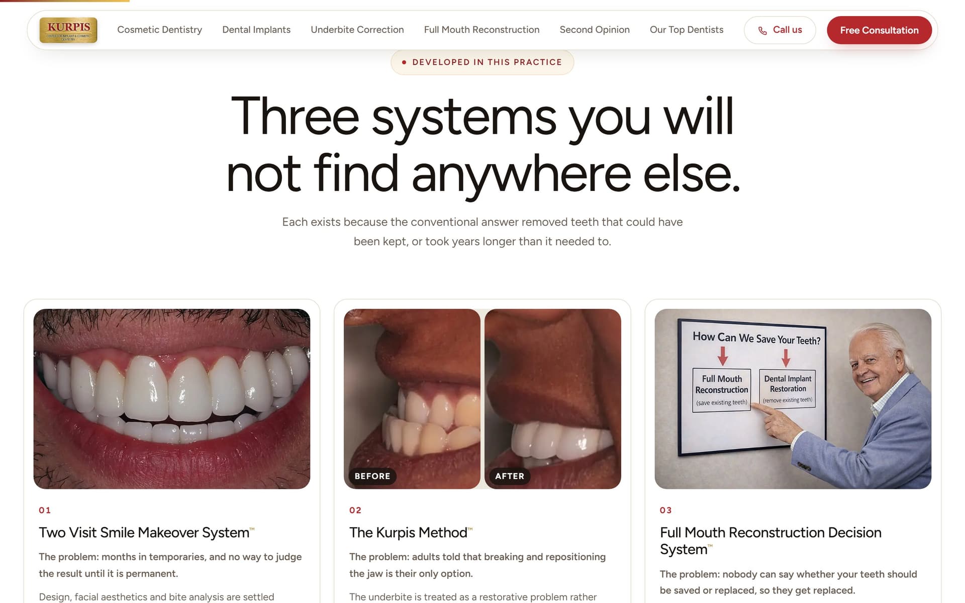 The proprietary systems section at 1440×900 — “Three systems you will not find anywhere else”, with three numbered cards each opening on the problem it solves.