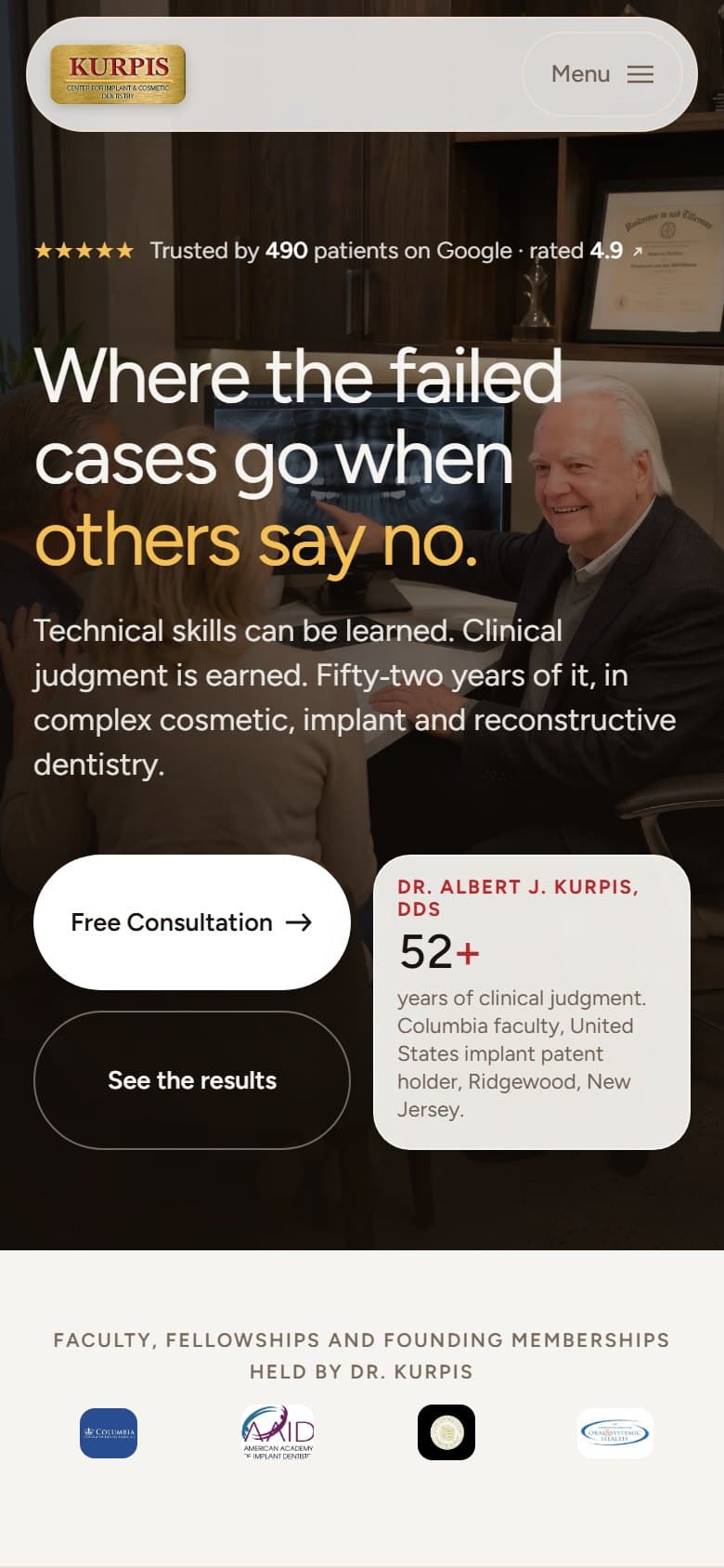 The Kurpis Dentistry homepage on a 390×844 phone screen.