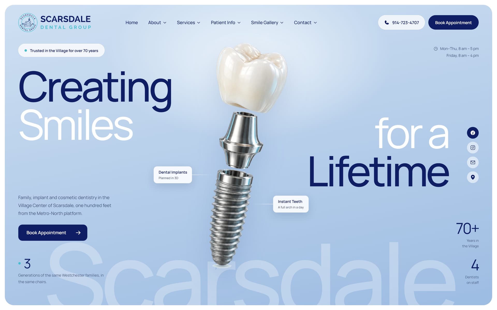 The Scarsdale Dental Group homepage at 1440×900 — the headline “Creating Smiles for a Lifetime” over a warm, light hero.
