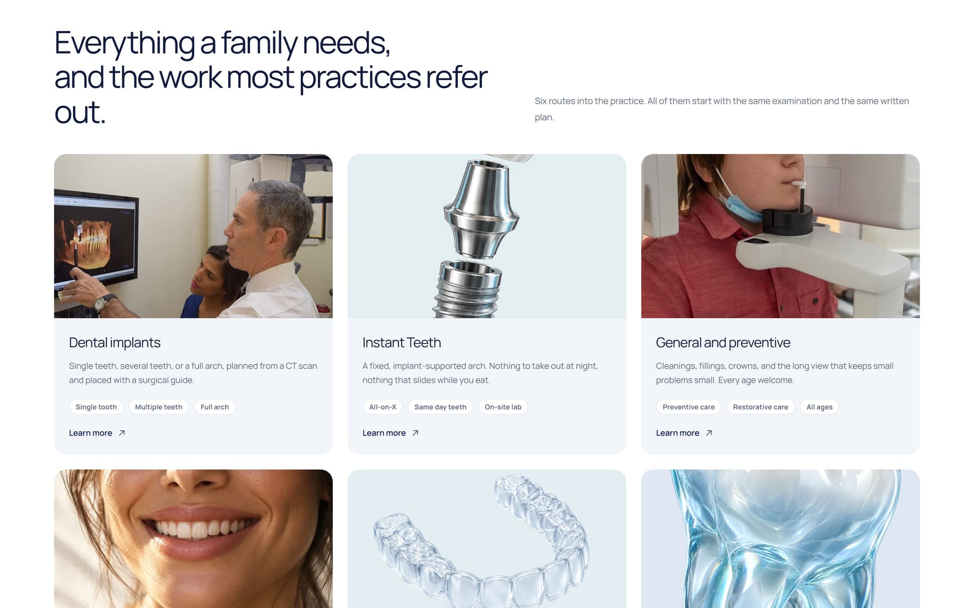 The services section at 1440×900 — implants and Instant Teeth leading, then general and preventive, cosmetic, clear braces, TMJ and sleep apnea.