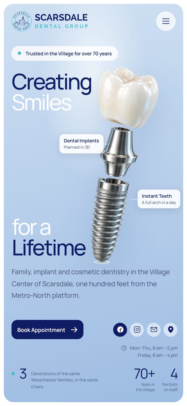 The Scarsdale Dental Group homepage on a 390×844 phone screen.