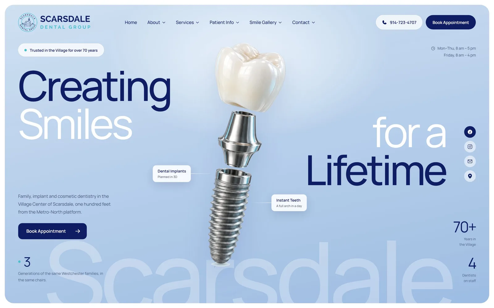 The Scarsdale Dental Group homepage — a warm, light hero with the headline “Creating Smiles for a Lifetime” above a row of service cards.